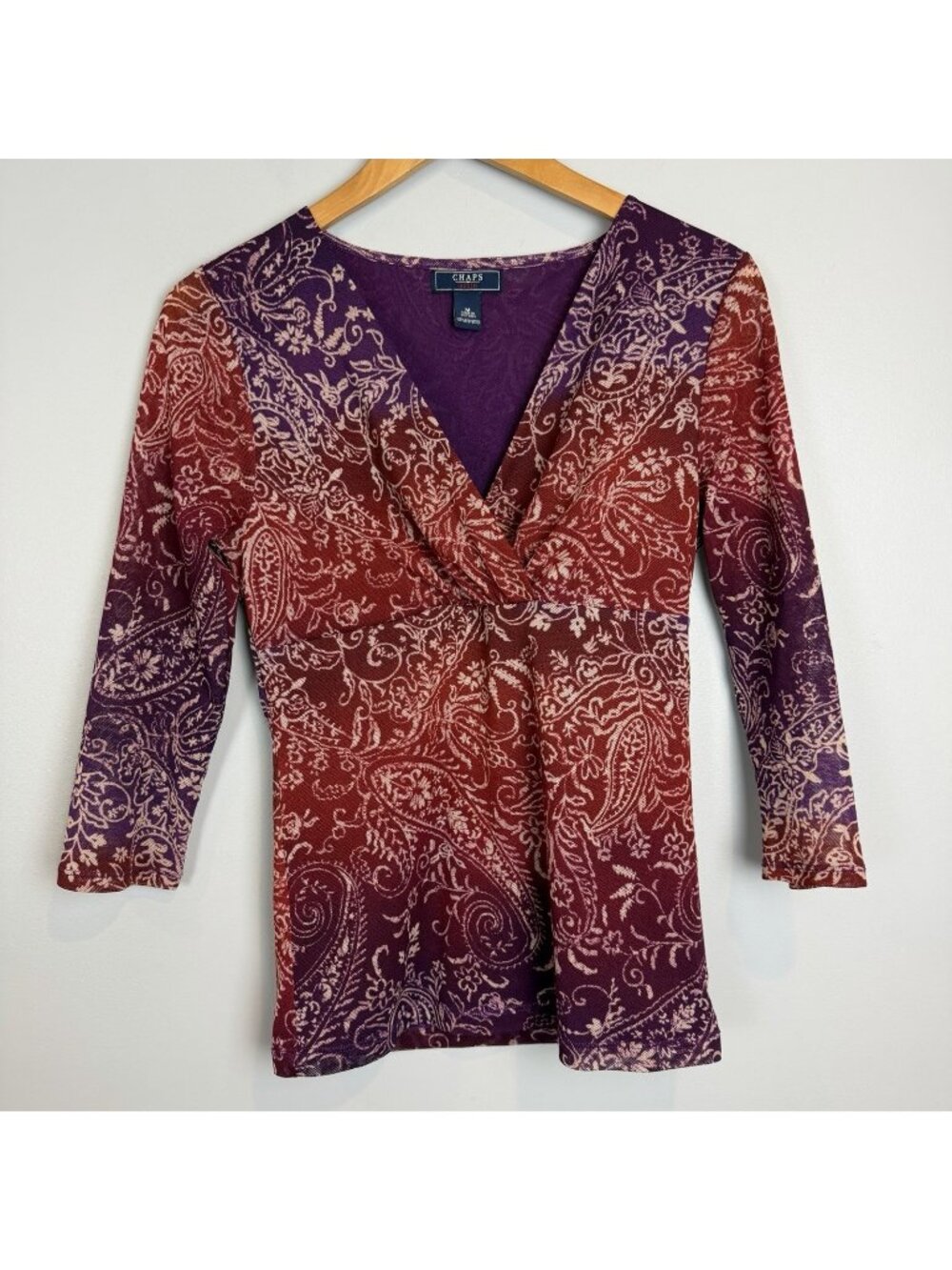 Chaps Empire Waist Mesh Blouse Womens Size Medium Purple Red Paisley Y2K